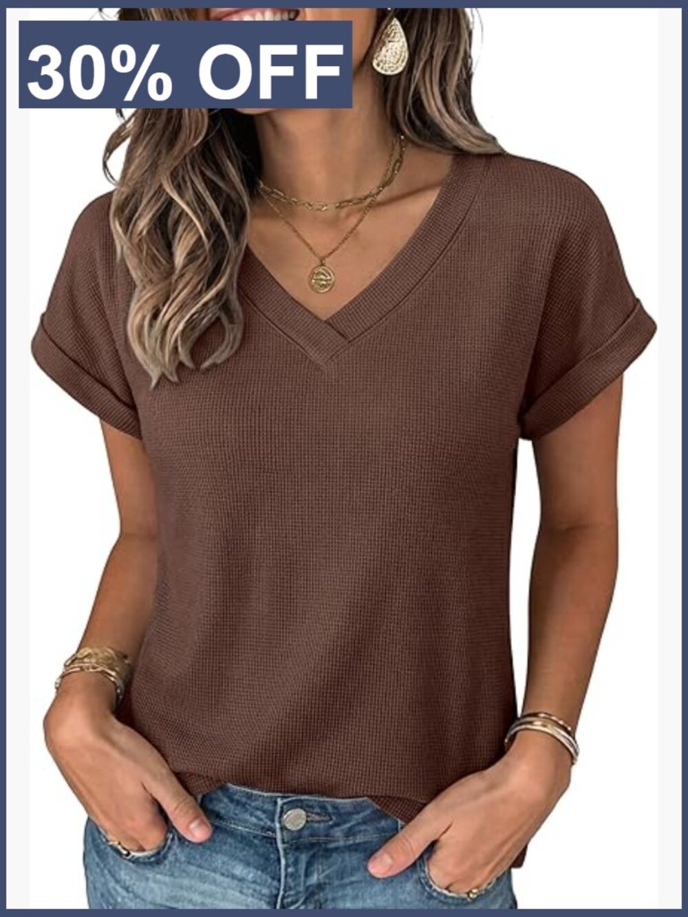 Waffle Knit V Neck T Shirt Casual Short Sleeve Tee Blouse Work Summer Top